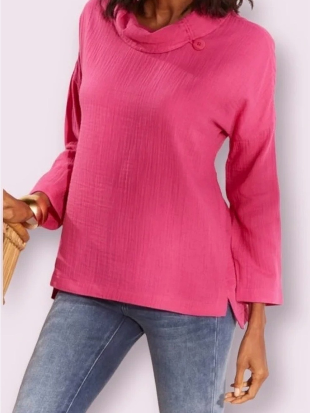 Soft Surroundings Pink Fuchsia Cowl Neck Button-Accent 3/4 Sleeve Top Sz XL